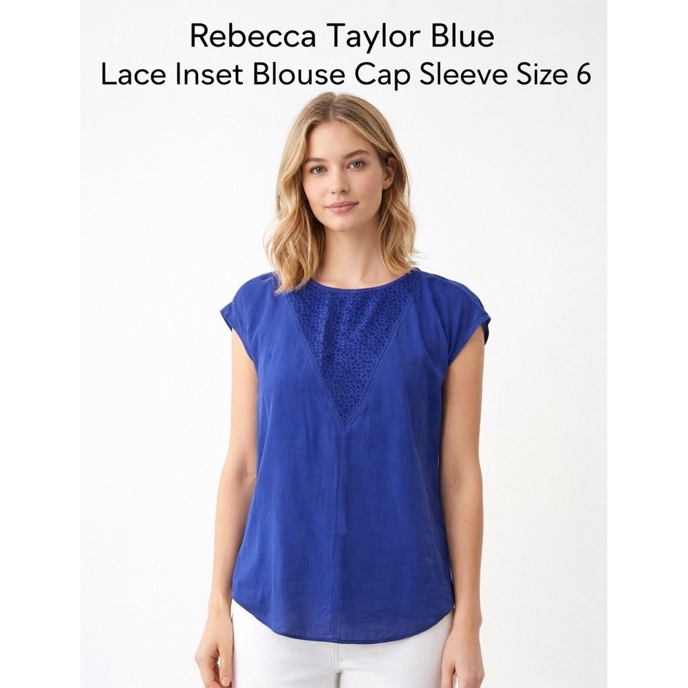 Rebecca Taylor Cobalt Blue Lace Inset Blouse Cap Sleeve Size 6 Flowy Romantic